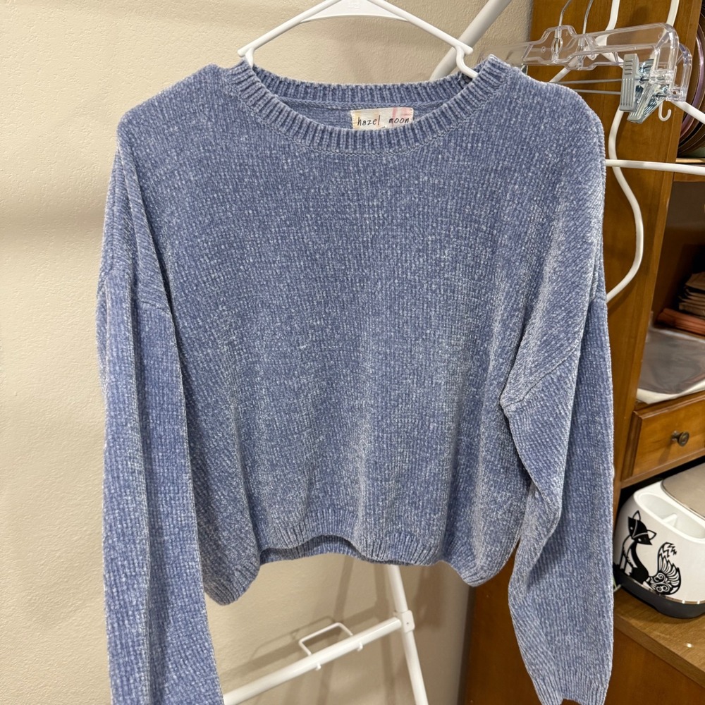 Soft girl coquette Chenille Sweater Blue Large Crop Hazel Moon